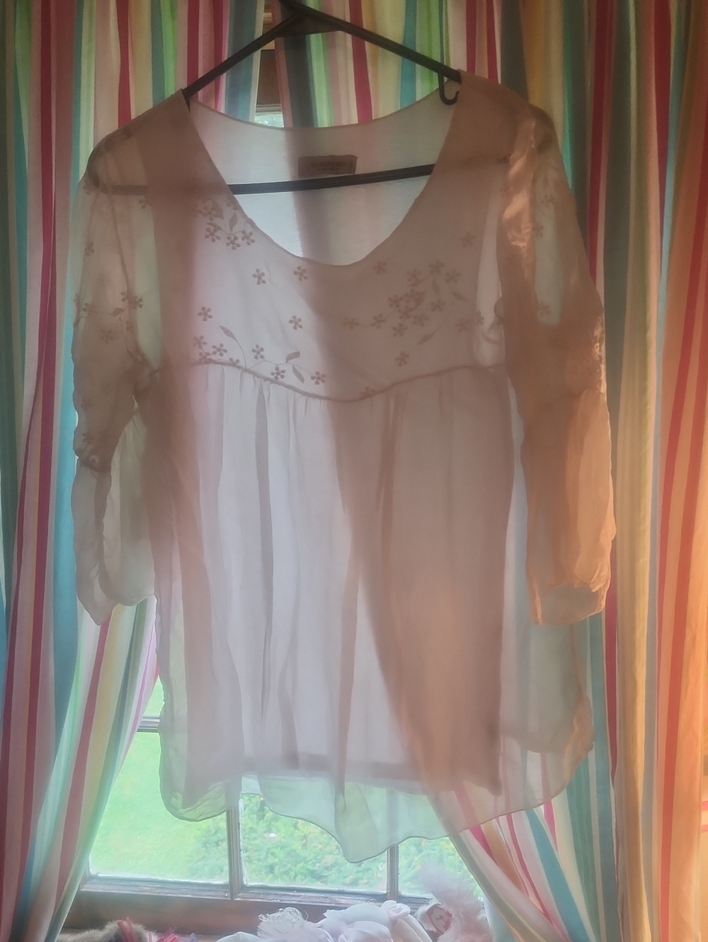 Sheer Blush Pink Floral-Embroidered Women's Blouse